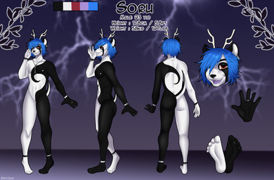 andromorph anklet anthro bicolored_fur black_body black_fur blue_hair bracelet ear_piercing ear_ring emo_haircut fur hair horn intersex jewelry key key_necklace male necklace no_genitals pandrake piercing purple_tongue ring_piercing short_tail solo tail tongue white_body white_fur midnova mythology soru_(soruthewhistler) bear dragon giant_panda humanoid hybrid mammal mythological_creature mythological_scalie scalie absurd_res hi_res model_sheet