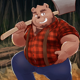 anthro axe belly bottomwear brown_body clothing humanoid_hands kemono lumberjack male mature_male melee_weapon outside overweight overweight_male pants shirt solo suspenders topwear weapon k_gutless bear mammal 1:1 2022 hi_res