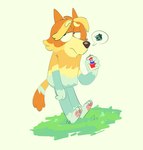 anthro beverage black_eyes black_nose blue_body blue_fur can container fur grass hair half-closed_eyes holding_beverage holding_can holding_container holding_object male multicolored_body multicolored_fur multicolored_tail narrowed_eyes on_grass orange_body orange_ears orange_fur orange_hair orange_tail outside pawpads pink_pawpads plant simple_background solo speech_bubble tail tan_body tan_fur tan_tail yellow_background young young_anthro young_male shaibey bluey_(series) pepsi radley_heeler australian_cattle_dog canid canine canis cattledog domestic_dog herding_dog mammal pastoral_dog 2023 digital_media_(artwork) hi_res procreate_(artwork)