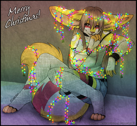 anthro biped brown_eyes christmas_decorations christmas_lights female holidays sitting solo string_lights tail tongue ajna christmas ravinfox canid canine fennec_fox fox mammal true_fox 2010