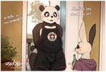 2022 alcohol ambiguous_gender anthro apron bear beer beverage blush bottomless bulge clothed clothing conditional_dnp detailed_background detailed_bulge dialogue duo english_text giant_panda green_eyes hoodie inviting lagomorph male male/ambiguous male_anthro mammal panda_express patreon_username signature size_difference slightly_chubby slightly_chubby_anthro slightly_chubby_male text text_on_apron text_on_clothing topwear zackary911