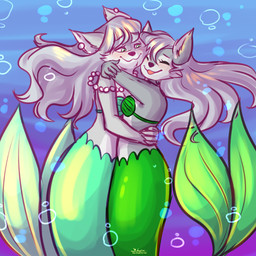 anthro arms_around_shoulders arms_around_waist bare_shoulders bra breast_squish breasts breasts_frottage bubble cleavage clothed clothing duo eyes_closed female female/female fur gem green_body green_eyes green_scales green_tail grey_body grey_fur grey_hair hair holidays hug jewelry mermaid_tail necklace pearl_(gem) pearl_necklace scales seashell_bra smile split_form squish strapless_bra strapless_clothing strapless_underwear tail underwater underwear water izzydrawsforfun mother's_day koia_(rikuthemermage) nyra_(rikuthemermage) aquatic canid canine canis mammal merfolk wolf 1:1 hi_res daughter_(lore) mother_(lore) mother_and_child_(lore) mother_and_daughter_(lore) parent_(lore) parent_and_child_(lore) parent_and_daughter_(lore)