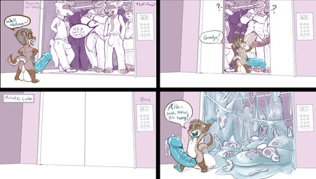 after_vore anthro asking asking_another big_penis bodily_fluids bone cock_vore cum death dialogue digestion ding elevator excessive_cum excessive_genital_fluids genital_fluids genitals greeting group huge_penis humanoid_genitalia humanoid_penis hyper hyper_cum hyper_genitalia hyper_penis male male/male onomatopoeia penile penis question question_mark rapid_digestion sound_effects speech_bubble text vore yes-no_question young young_anthro young_pred roco mammal mustelid otter english_text hi_res
