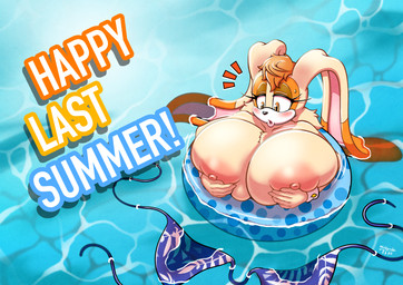 anthro bar_emanata big_breasts bikini bikini_top blush bodily_fluids breast_squish breasts clothing covering covering_breasts dipstick_ears ear_markings emanata female female_anthro hair huge_breasts hyper hyper_breasts inflatable inner_tube markings mature_anthro mature_female multicolored_ears nipples partially_submerged solo squish surprised sweat sweatdrop swimwear text two-piece_swimsuit wardrobe_malfunction michiyoshi sega sonic_the_hedgehog_(series) vanilla_the_rabbit lagomorph leporid mammal rabbit 2023 absurd_res english_text hi_res