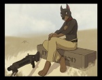 anthro belt black_border border bottomwear box breasts clothed clothing cloud collar container cropped_ears cross female gun machine_gun maschinengewehr_42 mg_42 outside pants ranged_weapon sky solo topless weapon spotty_the_cheetah canid canine canis dobermann domestic_dog mammal pinscher