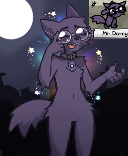 anthro biped claws eyewear fingers front_view fur glasses male moon navel night nude nude_anthro nude_male outside sky smile solo standing star teeth tongue whiskers mewgle mewgenics domestic_cat felid feline felis mammal 2026 digital_drawing_(artwork) digital_media_(artwork) hi_res