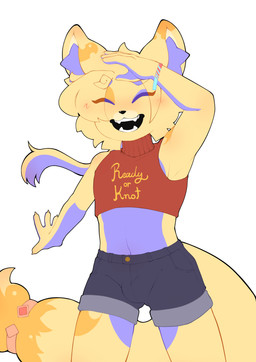 anthro bottomwear bracelet bulge clothed clothing crop_top eyes_closed femboy fur jewelry looking_at_viewer male open_mouth shirt shorts simple_background smile solo tail topwear yellow_body yellow_fur bluchyccheese bluchy canid canine fox mammal absurd_res hi_res