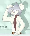 albino anthro bathroom belt clothed clothing fur grey_hair hair male red_eyes shadow simple_background solo topless white_body white_fur luckyclau mammal murid murine rat rodent absurd_res hi_res light_theme