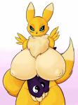 2017 absurd_res anthro ashirenu bandai_namco big_breasts blue_eyes breasts canid canine digimon digimon_(species) female fur hi_res huge_breasts mammal renamon simple_background smaller_version_at_source solo yellow_body yellow_fur
