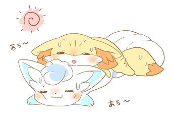 :3 ambiguous_gender black_eyes blue_body blue_fur blush bodily_fluids daww duo feral fur heat_(temperature) lying on_front on_top orange_body orange_fur quadruped simple_background smile sun sweat text white_background white_body white_fur yellow_body yellow_fur maple926 nintendo pokemon alolan_form alolan_vulpix canid canine fennekin generation_6_pokemon generation_7_pokemon mammal pokemon_(species) regional_form_(pokemon) 2020 4:3 digital_media_(artwork) japanese_text