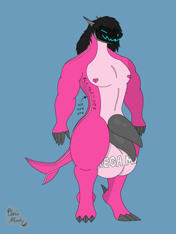 2_penises anthro athletic athletic_male ball_tattoo balls big_balls big_penis black_hair black_penis genital_tattoo genitals glistening glistening_genitalia glistening_penis hair heart_nipples heart_symbol huge_balls huge_penis huge_thighs hyper hyper_balls hyper_genitalia machine male multi_genitalia multi_penis nipples penis pink_body pointy_ears prick_ears protogen_visor shark_tail solo tail tattoo text thick_penis thick_thighs chris_monty sean_milton aquatic fish protogen shark japanese_text