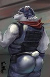 anthro armor big_butt blue_clothing butt clothing fur headgear helmet kerchief male musclegut muscular short_tail solo tail white_body white_fur yellow_sclera teewhup epic_games fortnite gyatt_(meme) polar_patroller bear mammal polar_bear ursine hi_res meme