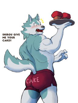 anthro barazoku biceps biped blue_body blue_fur blush bottomwear butt clothed clothing cupcake dialogue embarrassed fingers food fur furgonomics grey_eyes holding_object hotpants humanoid_hands low-angle_view male muscular muscular_anthro muscular_male open_mouth rear_view shorts simple_background solo standing surprised tail text three-quarter_view topless topless_anthro topless_male white_background white_body white_fur moshihun brand_new_animal studio_trigger shirou_ogami canid canine canis mammal wolf absurd_res colored english_text hi_res portrait shaded three-quarter_portrait