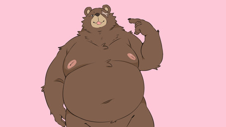 anthro brown_body brown_fur dancing eye_scar facial_scar front_view fupa fur male missing_eye moobs navel nipples nude overweight overweight_male pink_background scar simple_background solo tongue tongue_out angusart iyowa kyu-kurarin mihoyo zenless_zone_zero ben_bigger bear mammal 16:9 widescreen