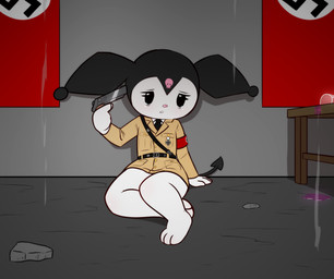 3_toes accessory anthro barefoot belt beverage bodily_fluids bone bottomless bottomless_female bunker clothed clothing concrete_floor concrete_wall cross crying defeated depression despair eye_bags feet female gun gun_to_head handgun hoodie imminent_death imminent_self-harm imminent_suicide iron_cross juice_(beverage) nazi nazi_uniform necktie pear-shaped_figure pistol ranged_weapon ryona sad sitting skull solo spade_tail spilled_drink suicidal_ideation suicide swastika tail tears toes topwear wall_(structure) weapon wide_hips world_war_2 e254e onegai_my_melody sanrio walther_ppk adolf_hitler kuromi demon lagomorph leporid mammal rabbit absurd_res hi_res