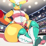 1:1 2019 absurd_res anthro audience biped black_eyes blue_eyes boots breasts clothed clothing crossed_legs digital_drawing_(artwork) digital_media_(artwork) dipstick_ears duo_focus ear_markings elbow_pads english_text eyes_closed female fighting_ring fingerless_gloves footwear generation_1_pokemon generation_6_pokemon gloves goey_(trinity-fate62) goodra group hands_on_hips handwear hi_res holding_object holding_sign inside larger_anthro larger_female leglock lucha_libre_mask luchador mask micro multicolored_ears nintendo overweight overweight_anthro overweight_female pikachu pokemon pokemon_(species) pokemorph purple_body scrapper_(geckonori) sharp_teeth sign size_difference smaller_anthro smaller_female smile sports_mask sportswear teeth text thick_thighs trinity-fate62 wrestler wrestling wrestling_mask yellow_body