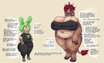 anthro belly big_breasts big_bulge breasts bulge character_bio duo female femboy huge_breasts hyper larger_female lore male male/female overweight size_difference smaller_male text thick_thighs softimp belle_(softimp) den_(softimp) bovid bovine lagomorph mammal absurd_res english_text hi_res