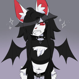 alternative_fashion anthro bat_wings big_ears black_clothing black_hair bottomwear chest_tuft cleavage_cutout clothing collar crop_top cutout fangs female fluffy fluffy_chest goth hair hotpants inner_ear_fluff long_sleeves membrane_(anatomy) membranous_wings midriff navel navel_piercing piercing red_eyes sharp_teeth shirt shorts small_wings solo spiked_collar spikes teeth topwear tuft wings sataenart asphodel_(sataenart) bat mammal 1:1 2025 absurd_res hi_res