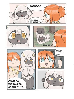 black_body black_nose blue_eyes dialogue duo female hair horn orange_hair text white_hair yellow_eyes ganghandog palworld pocketpair human lamball mammal pal_(species) comic english_text