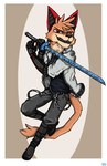 anthro blade boots brown_body brown_fur clothing footwear fur male red_eyes sand_fur scar shoes solo weapon ziegelzeig bad_guy_cafe house_(opifexcontritio) felid feline mammal hi_res