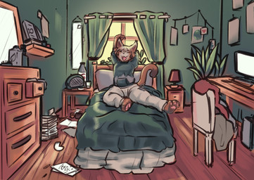 anthro background_signs bed bedroom beverage big_ears brown_body brush clothing comb_(brush) computer dirty_room ear_tuft electronics footwear furniture green_background hair hairbrush hoodie lamp male male/male messy_hair messy_room mirror open_mouth pawpads paws plant radio simple_background socks solo stretching sweats tired tired_eyes topwear tuft window yawn anonymous_artist lucaowoo domestic_cat felid feline felis mammal hi_res