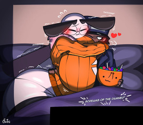 anthro big_breasts black_sclera black_wings blush bowl boyfriend/girlfriend breast_squish breasts brown_body candy clothed clothing container curvy_figure dessert duo eyes_closed eyewear female female_anthro food furniture glasses happy hat headgear headwear heart_symbol holding_another holding_bowl holding_container holding_object holidays hug huge_breasts insect_wings larger_female male male/female motion_lines pantsless romantic romantic_ambiance romantic_couple round_glasses scared shaking sitting size_difference sofa squish text thick_thighs voluptuous voluptuous_anthro voluptuous_female watching_television white_body wide_hips wings forsakenedbread halloween mocha_(forsakenedbread) taiga_(forsakenedbread) arachnid arthropod insect lepidopteran moth spider 2025 digital_drawing_(artwork) digital_media_(artwork) english_text hi_res meme