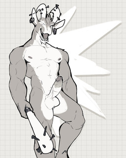 anthro balls baseball_bat bat_(object) ear_piercing erection genitals glans humanoid_genitalia humanoid_penis male muscular muscular_anthro muscular_male nipples nude open_mouth penis piercing jrjresq deadlock_(game) valve billy_(deadlock) bovid caprine goat mammal 2026 4:5 absurd_res hi_res monochrome