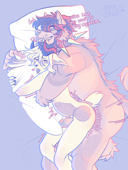 andromorph anthro duo erin_(thatgoatthing) hug hugging_object hugging_pillow intersex knot knotting male male/male pillow size_difference starselle bovid canid canine caprine fairy goat mammal 3:4 absurd_res hi_res