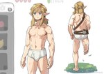 blonde_hair blue_eyes clothing ear_piercing gameplay_mechanics hair humanoid_pointy_ears light_body light_skin male muscular muscular_male not_furry piercing pointy_ears simple_background solo underwear monbetsu_kuniharu nintendo the_legend_of_zelda link humanoid hylian