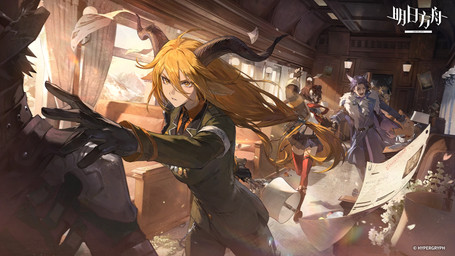 belt beverage blonde_hair bottomwear clothing coffee curtains day detailed_background female furniture gloves green_eyes group hair handwear holding_lamp horn inside inside_train male mountain necktie paper running skirt sofa tail uniform zizizi_zibiren arknights hypergryph studio_montagne degenbrecher_(arknights) harold_(arknights) leto_(arknights) animal_humanoid bovid bovid_humanoid caprine caprine_humanoid felid felid_humanoid goat_humanoid humanoid mammal mammal_humanoid 16:9 2024 digital_media_(artwork) hi_res official_art widescreen