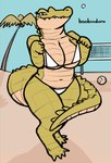 anthro ball beach big_breasts bikini breasts cleavage clothed clothing female green_body green_scales net non-mammal_breasts palm_tree partially_clothed plant scales seaside sharp_teeth sky smile solo swimwear teeth thick_thighs tree two-piece_swimsuit volleyball_(ball) volleyball_net dubindore boobindore_(dubindore) alligator alligatorid crocodilian reptile scalie absurd_res hi_res