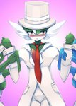 arm_blade ashraely blue_body blush brown_eyes button_(fastener) chest_spike clothing digital_media_(artwork) elbow_blade eyebrows female fighting_over_boy gallade gardevoir generation_3_pokemon generation_4_pokemon grabbing grabbing_arm gradient_background green_body group hat headgear headwear hi_res looking_at_viewer male necktie nintendo not_furry pockets pokemon pokemon_(species) shaded shiny_pokemon simple_background sir_gallade solo_focus spikes spikes_(anatomy) suit top_hat trio white_clothing