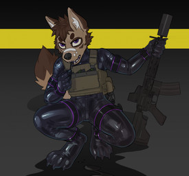anthro assault_rifle crouching digitigrade gun latex_suit male ranged_weapon rifle silencer solo weapon lukst canid canine mammal hi_res