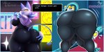 anthro ass_up bent_over big_breasts big_butt black_body black_nipples blue_hair blue_tail blush blushing_at_viewer breasts butt butt_focus butt_grab cleavage clothed clothing clothing_lift female female_focus floating_hands genitals hair hallway hand_on_butt hand_on_own_butt huge_butt huge_thighs looking_at_viewer looking_back nipples nude open_mouth pussy shirt shirt_lift smile tail text thick_thighs topwear yellow_eyes choobsters snowyblue1 deltarune undertale_(series) tasque_manager felid feline humanoid mammal artist_collaboration digital_media_(artwork) english_text hi_res