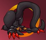 anthro ass_up big_butt big_tail black_body breasts butt claws female glistening glistening_body looking_at_viewer pose red_claws red_eyes simple_background solo tail thick_thighs wide_hips limetentacle reptile scalie snake hi_res