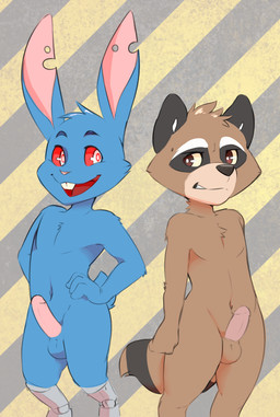 anthro balls duo erection fur genitals humanoid_genitalia humanoid_penis machine male male/male nude open_mouth penis presenting smile take_your_pick young permavermin guardians_of_the_galaxy marvel blackjack_o'hare rocket_raccoon hare lagomorph leporid mammal procyonid rabbit raccoon hi_res