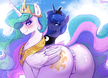 anus blue_eyes blue_hair blush bodily_fluids butt cutie_mark duo equine_anus eyebrow_through_hair eyebrows eyelashes feathered_wings feathers female feral genitals hair horn jealous logo long_hair looking_back multicolored_hair multicolored_tail puffy_anus purple_eyes smile sweat tail translucent translucent_hair vulva wings doronkomajo friendship_is_magic hasbro my_little_pony mythology princess_celestia_(mlp) princess_luna_(mlp) equid equine mammal mythological_creature mythological_equine winged_unicorn 2023 artist_logo dated digital_media_(artwork) hi_res sibling_(lore) sister_(lore) sisters_(lore)