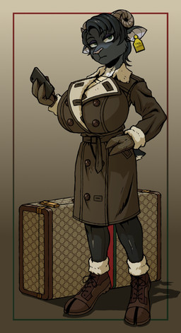 3_fingers anthro big_breasts black_hair breasts button_(fastener) cellphone clothed clothing coat curled_horn d-ring ear_piercing ear_tag electronics epaulet eyeliner eyeshadow female fingers footwear fur gloves green_eyes hair handwear hooved_fingers hooves horn huge_breasts leather leather_clothing leather_gloves leather_handwear legwear looking_at_viewer makeup markings phone piercing shirt shoes short_tail smartphone solo suitcase tail tights topwear trenchcoat undershirt goocasden apple_inc. burberry_(brand) gucci iphone sable_kozlova_(heroicones) bovid caprine goat mammal hi_res