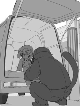 age_difference anthro anthro_on_anthro blush bottomwear bottomwear_down clothed clothing duo embarrassed eyewear fully_clothed goggles hat head_in_crotch headgear headwear larger_male looking_away male male/male medium_truck obscured_face obscured_oral obscured_sex older_male oral outside pants pants_down partially_clothed sex shota size_difference smaller_male truck van vehicle young young_anthro young_male younger_male manmosu_marimo cyberconnect2 little_tail_bronx mamoru-kun_(series) mamoru-kun stranger_(mamoru-kun) canid canine caninu canis domestic_cat domestic_dog felid feline felineko felis mammal 2014 digital_media_(artwork) greyscale monochrome