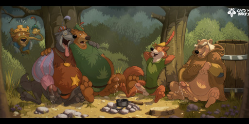 3_toes 4_fingers anthro arm_around_neck balls barefoot being_watched belly big_belly black_bars blush bodily_fluids bottomless brown_body brown_fur clothed clothing clothing_lift crown dripping erection eyes_closed facial_hair feet feral fingers foreskin forest fur genital_fluids genitals grey_body grey_fur group hair half-closed_eyes hands_behind_head hat hat_feather headgear headwear humanoid_genitalia humanoid_penis leaning_on_another looking_at_another looking_pleasured loose_feather male male/male masturbation multicolored_body narrowed_eyes open_mouth open_smile orange_body orange_fur overweight penis plant precum precum_drip raised_arms robe shirt shirt_lift sideburns sitting smile tan_body tan_fur tight_foreskin toes tongue tongue_out topwear tree two_tone_body voyeur white_body white_fur white_hair white_sclera catsnbriefs disney robin_hood_(disney) friar_tuck little_john prince_john robin_hood sheriff_of_nottingham sir_hiss badger bear canid canine felid fox lion mammal mustelid musteline pantherine reptile scalie snake hi_res letterbox signature