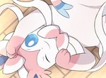 ambiguous_gender blue_sclera feral fur looking_at_viewer lying on_back one_eye_closed pink_body pink_fur quadruped smile solo white_body white_eyes rumine nintendo pokemon eeveelution generation_6_pokemon pokemon_(species) sylveon hi_res