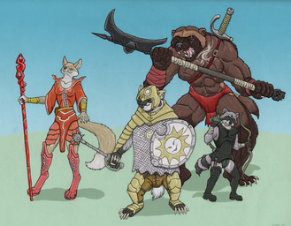 anthro archer armor arrow_(weapon) axe barbarian blue_eyes boots bow_(weapon) bracers breasts brown_body brown_eyes brown_fur chainmail claws cleric clothing dagger ear_piercing facial_markings female footwear fur green_clothing green_eyes grey_body grey_fur group halberd head_markings headgear helmet holding_object holding_weapon knife leather legwear magic_user male markings mask_(marking) melee_weapon morning_star_(weapon) muscular muscular_female nipples piercing polearm ranged_weapon red_clothing ring_(marking) ringed_tail scar shield shoes simple_background staff striped_markings striped_tail stripes sword tail tail_markings thigh_boots thigh_highs weapon strega badger canid canine fennec_fox fox gulonine mammal mustelid musteline procyonid raccoon true_fox wolverine