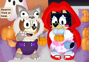 anthro blush bucket candy_bucket clothing container costume decoration dialogue diaper duo female food footwear fruit holidays hooded_cape male pink_diaper plant pumpkin shirt shoes speech_bubble topwear trick-or-treating young wolfdemon21 wolfpuppy21 bluey_(series) fairy_tales halloween little_red_riding_hood_(copyright) bandit_heeler chilli_heeler australian_cattle_dog canid canine canis cattledog domestic_dog herding_dog mammal pastoral_dog 2025 digital_media_(artwork) hi_res