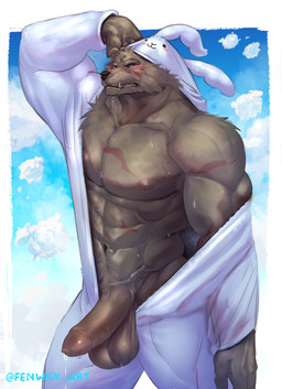 abs anthro balls big_balls biped blush bodily_fluids bunny_costume clothed clothing costume embarrassed erection facial_scar fangs foreskin fur genital_fluids genitals hoodie humanoid_genitalia humanoid_penis kigurumi long_foreskin looking_at_viewer male muscular muscular_anthro muscular_male navel nipples onesie open_clothing open_hoodie open_kigurumi open_topwear pecs penis precum pubes saggy_balls scar scars_all_over sky solo standing sweat teeth topwear unretracted_foreskin fenwick_art elden_ring fromsoftware blaidd_(elden_ring) canid canine canis mammal wolf 2022 digital_media_(artwork) hi_res