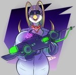 anthro big_breasts bow_tie breasts clothing coat eyewear female glasses green_eyes hair lab_coat laser_gun looking_at_viewer ranged_weapon smile solo topwear weapon white_hair solratic frieda_locke frosti_loxxxe avian bird penguin hi_res