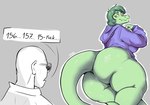 anthro big_butt blue_eyes bottomless breasts butt clothed clothing dialogue duo eyelashes female freckled_butt freckled_face freckles green_body green_hair green_scales grey_background hair hoodie huge_butt looking_back male profanity purple_clothing purple_hoodie purple_topwear rear_view scales short_hair simple_background speech_bubble text thick_thighs topwear wide_hips yellow_sclera zorbi_(artist) cavemanon_studios i_wani_hug_that_gator inco_(iwhtg) olivia_halford baryonyx dinosaur human mammal prehistoric_species reptile scalie spinosaurid theropod absurd_res english_text hi_res