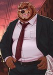 anthro blush bottomwear brown_body clothing eyewear glasses humanoid_hands kemono male mature_male necktie overweight overweight_male pants shirt solo topwear ryuta-h bear mammal 2022 hi_res