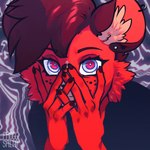 anthro claws ear_piercing ear_ring female finger_claws fingers freckles front_view fur hand_on_face hypnotic_eyes interlocked_fingers looking_at_viewer peaking piercing psychedelic red_body red_fur ring_piercing solo froggsalt mammal mephitid skunk 1:1 hi_res