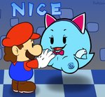 blue_body boo_(mario) bow_tie breast_grab breasts cat_costume clothing costume duo eyelashes eyeshadow fangs female ghost ghost_tail half_dime hand_on_breast hi_res human lahla_(mario) makeup male mammal mario mario_bros nintendo overalls spirit teeth