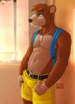 anthro backpack blue_eyes bottomwear brown_body brown_fur bulge clothed clothing fur jewelry male muscular muscular_anthro muscular_male navel necklace shorts simple_background smile solo topless yellow_bottomwear yellow_clothing mistystriker banjo-kazooie rareware banjo_(banjo-kazooie) bear mammal 2016